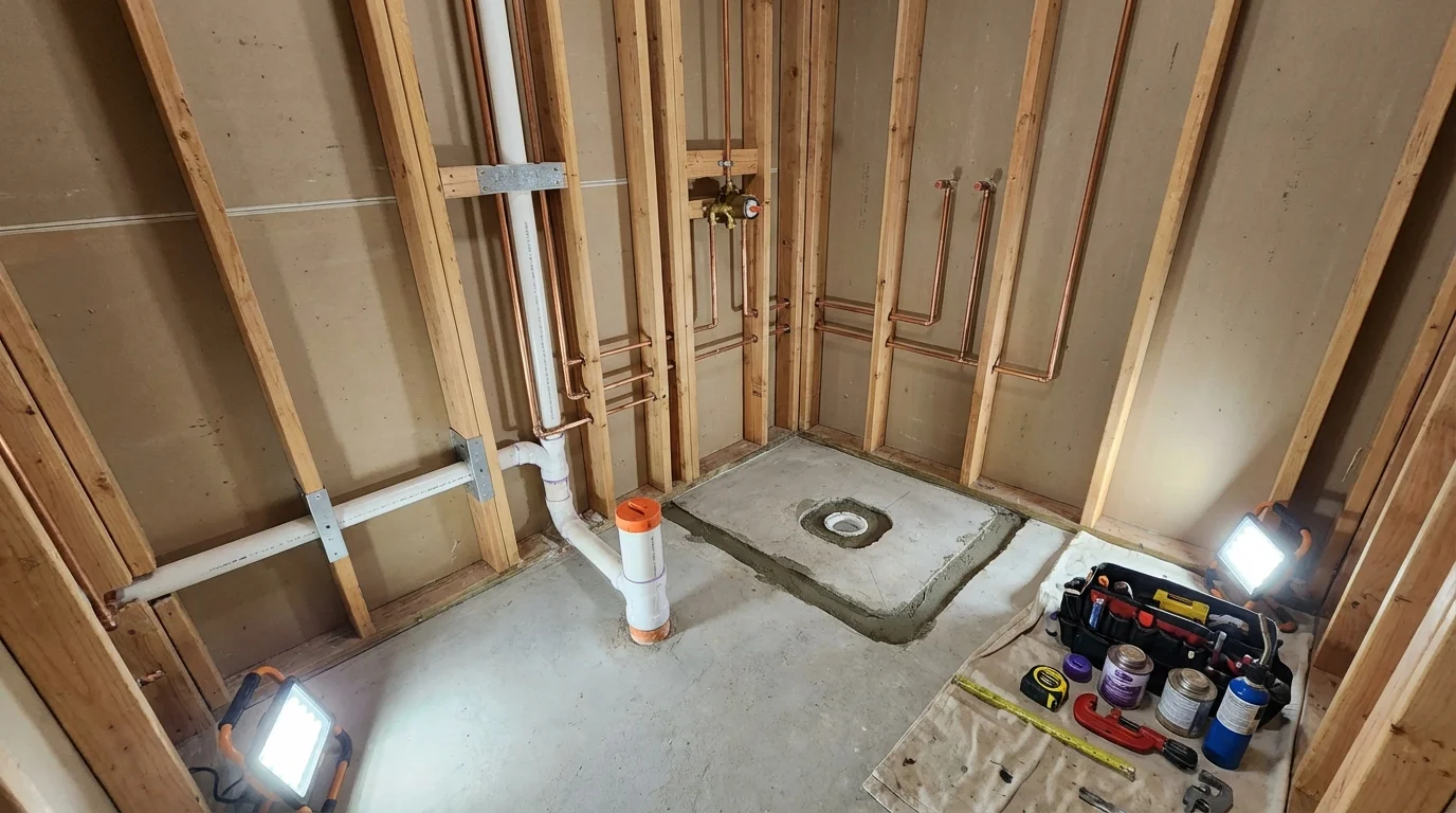 Bathroom rough-in plumbing during remodel by Johns Plumbing LLC in Barrington