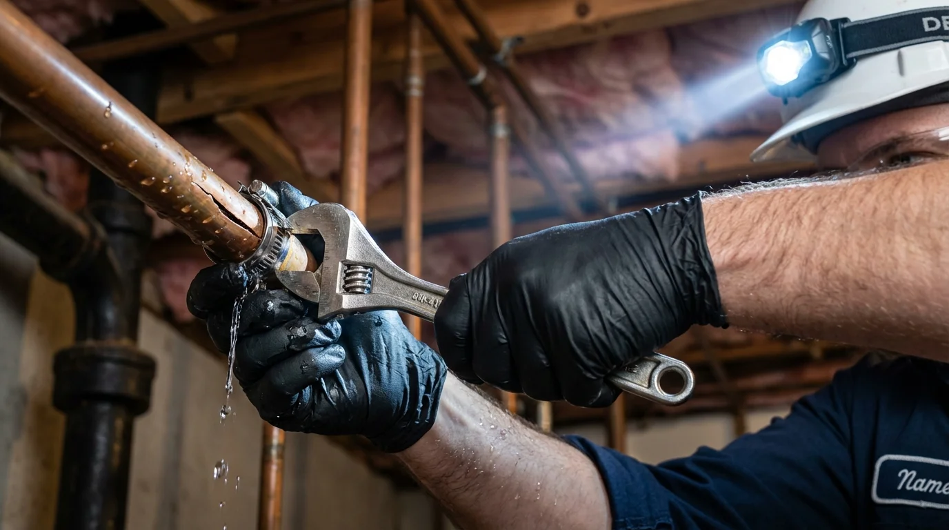 Emergency pipe clamp repair being performed by a Johns Plumbing LLC plumber in Barrington