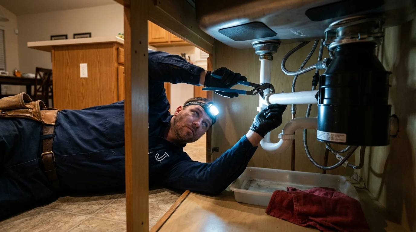 P-trap and supply line connections under a kitchen sink showing a common leak point in Barrington, NJ